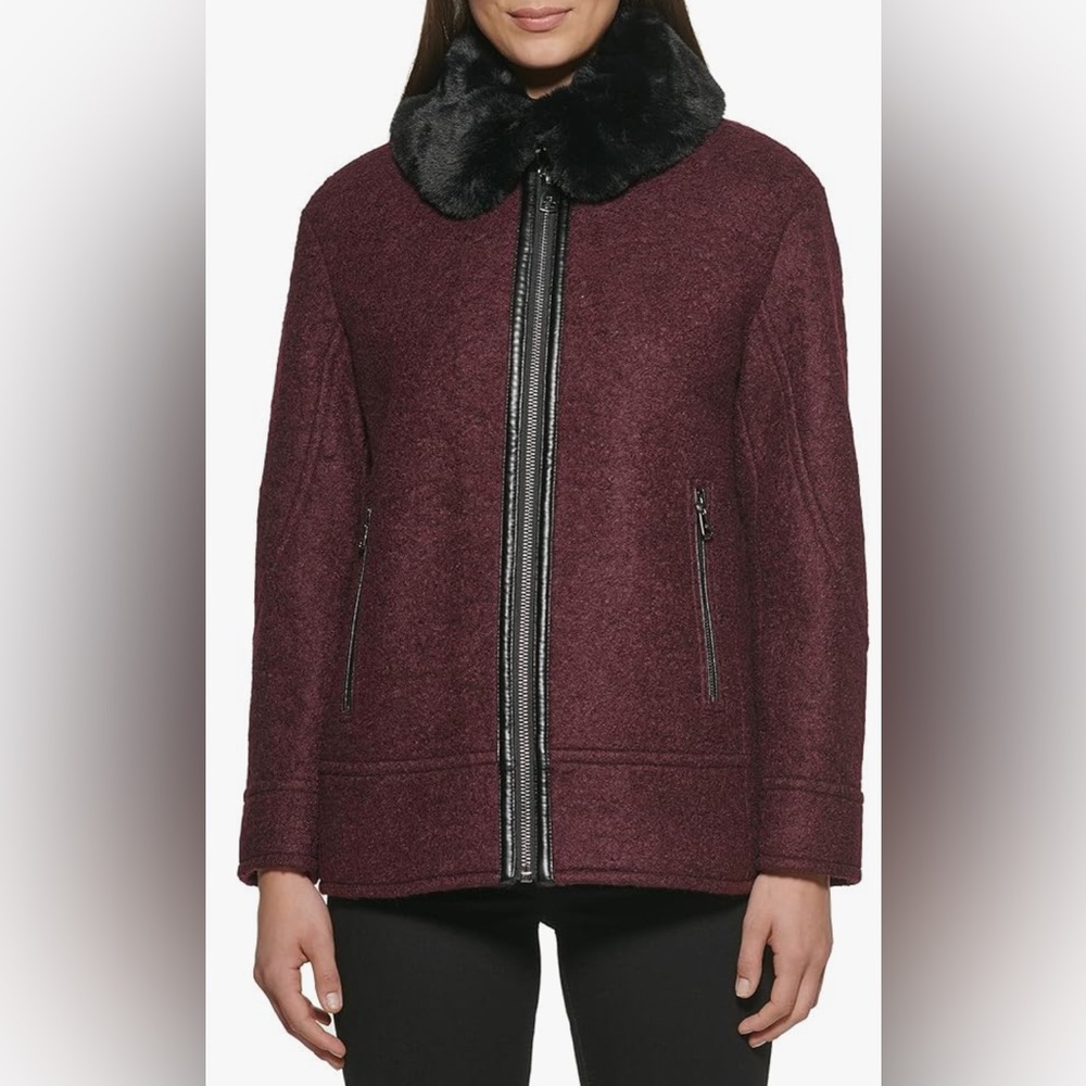 Kenneth Cole Women's Deep Purple Teddy Jacket with Black Faux Fur Collar